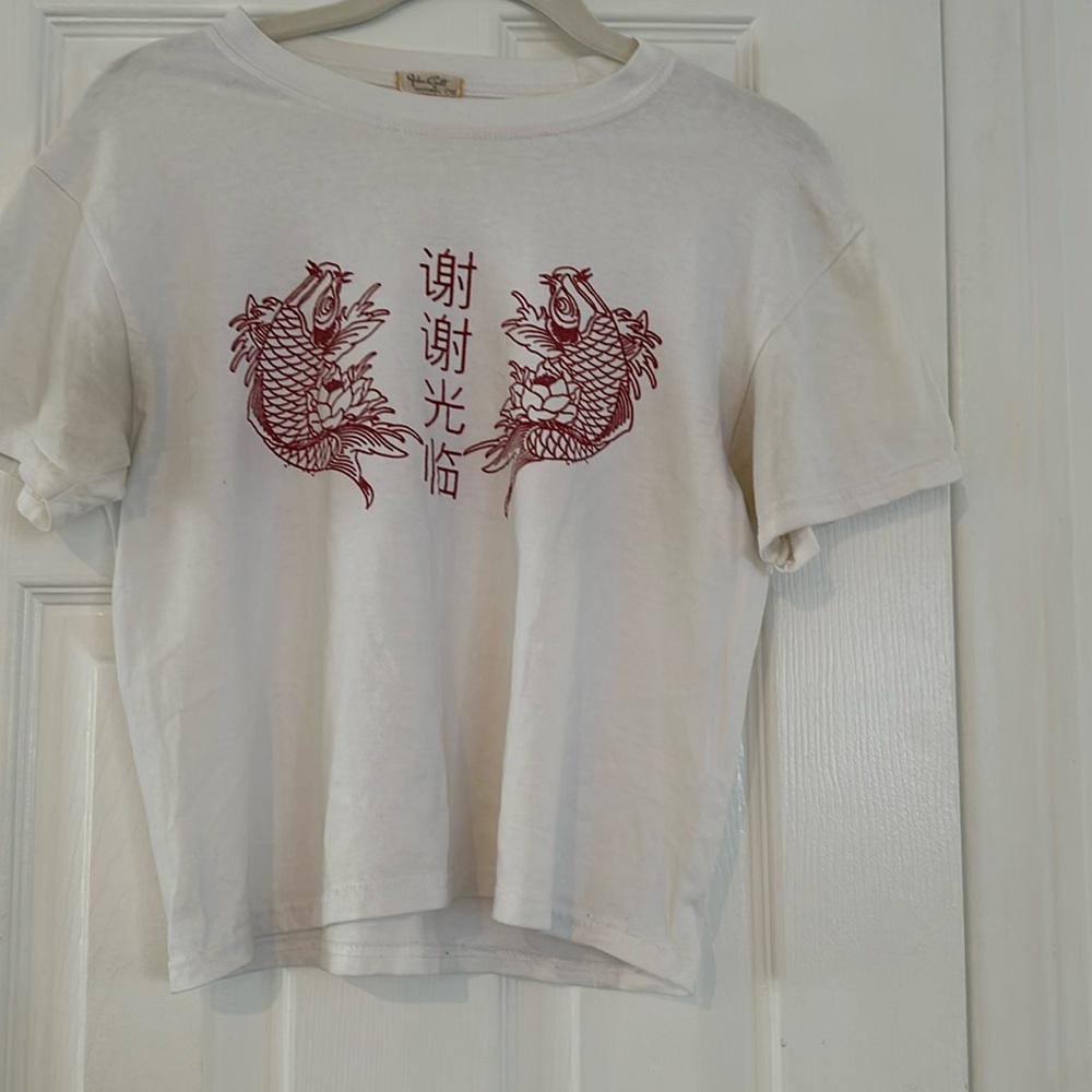 Red Japanese writing with Koi fish small crop top